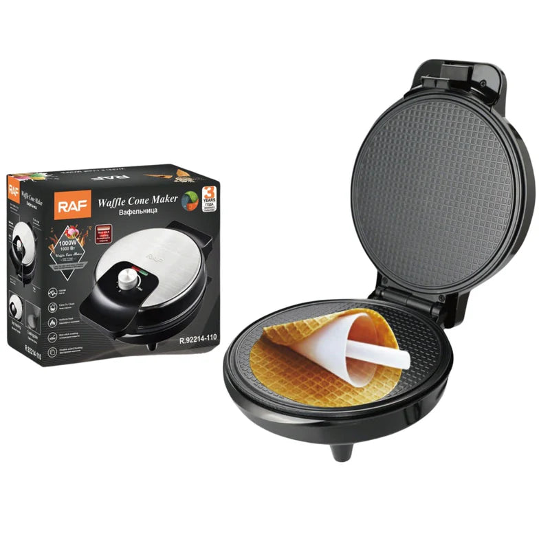 Máquina Para Conos de Waffles 1000W Con Cocción Doble Y Placa Antiadherente 110V /60Hz. Rollos De Waffle R.92214-110
