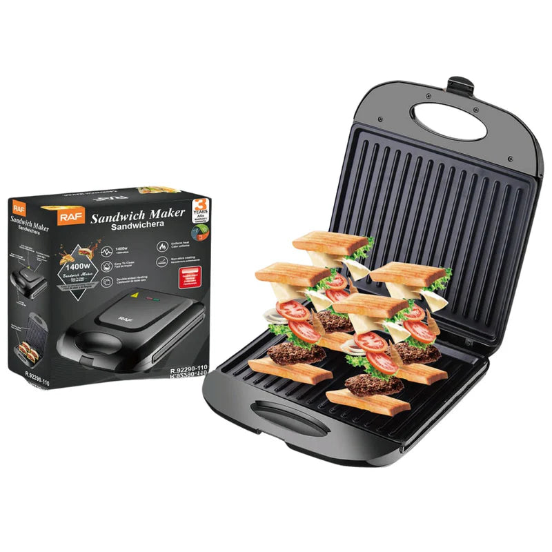 Sandwichera Eléctrica 1400W Antiadherente Con Calor Doble Y Limpieza Fácil 110V /60Hz. Plancha Para Emparedados. R.92290-110