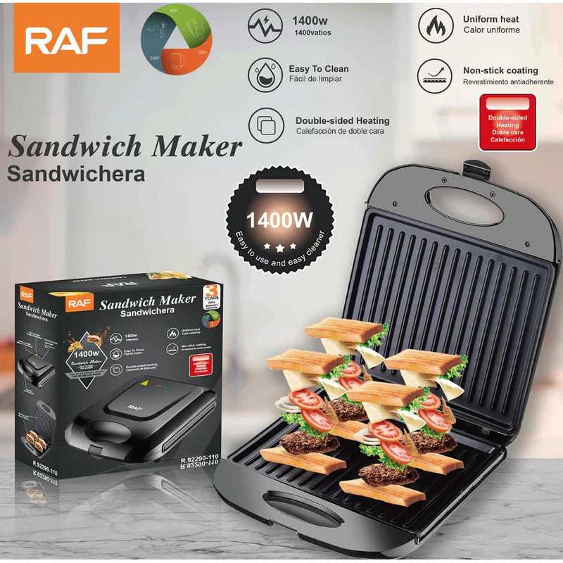 Sandwichera Eléctrica 1400W Antiadherente Con Calor Doble Y Limpieza Fácil 110V /60Hz. Plancha Para Emparedados. R.92290-110