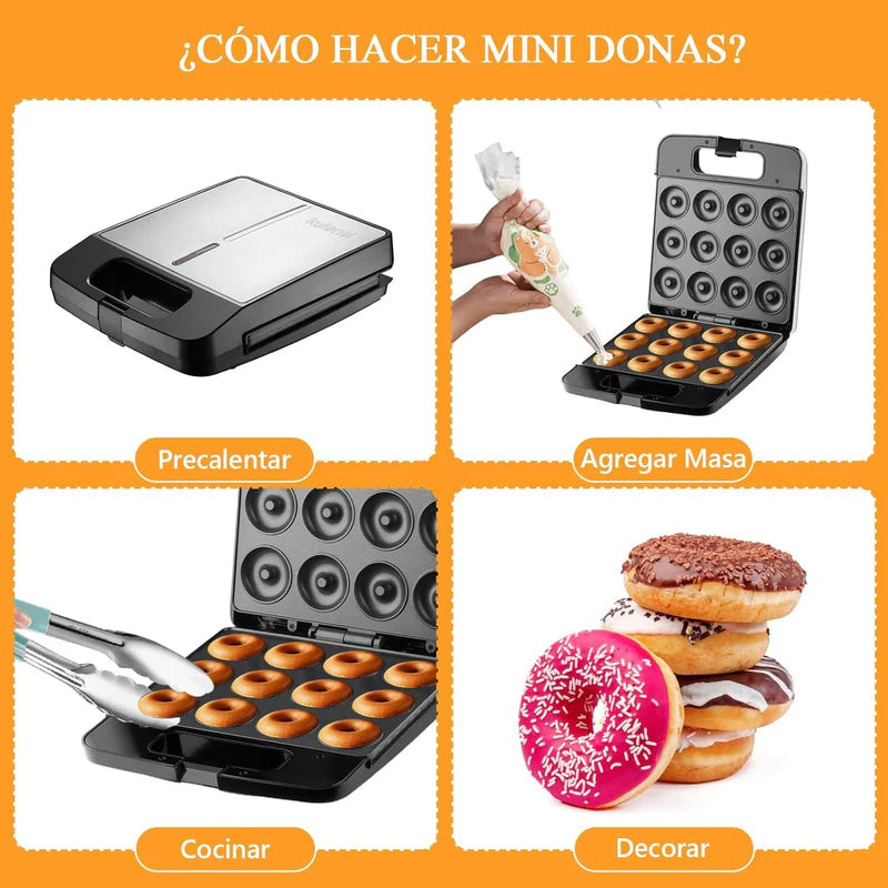 Máquina Para Mini Donas 1400W Con Revestimiento Antiadherente Y Doble Cocción 110V /60Hz. Donut Maker R.9518-110
