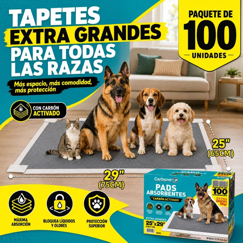 Pads De Entrenamiento Para Perros Grandes 65X75cm (Pack De 100 Unidades). 6 Capas Ultra Absorbentes Con Carbón Activado. Antiolores, Antifugas Y Adhesivo Al Piso En Esquinas. UN-A234