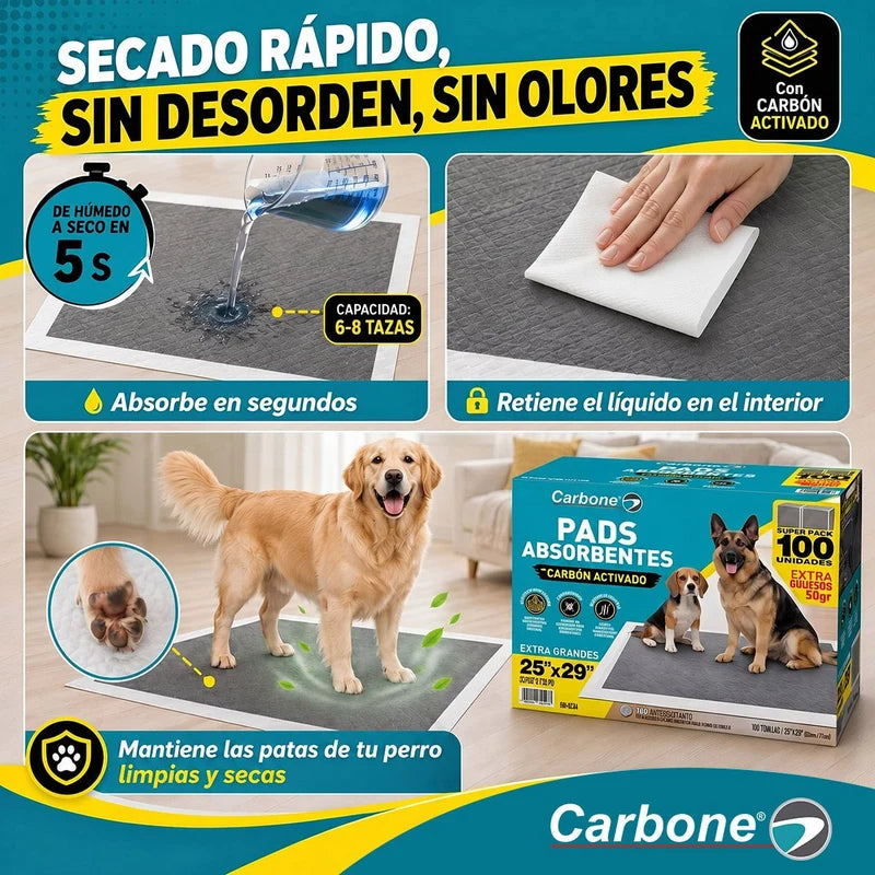 Pads De Entrenamiento Para Perros Grandes 65X75cm (Pack De 100 Unidades). 6 Capas Ultra Absorbentes Con Carbón Activado. Antiolores, Antifugas Y Adhesivo Al Piso En Esquinas. UN-A234