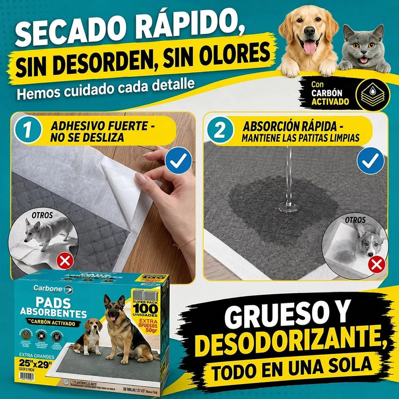 Pads De Entrenamiento Para Perros Grandes 65X75cm (Pack De 100 Unidades). 6 Capas Ultra Absorbentes Con Carbón Activado. Antiolores, Antifugas Y Adhesivo Al Piso En Esquinas. UN-A234