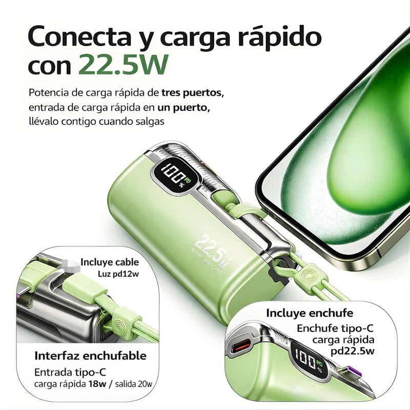 Power Bank 5000Mah 22.5W Con Pantalla Digital. Carga Rápida PD. Batería Portátil Con Cable Integrado Tipo C Y Lightning. Color Verde. UR046