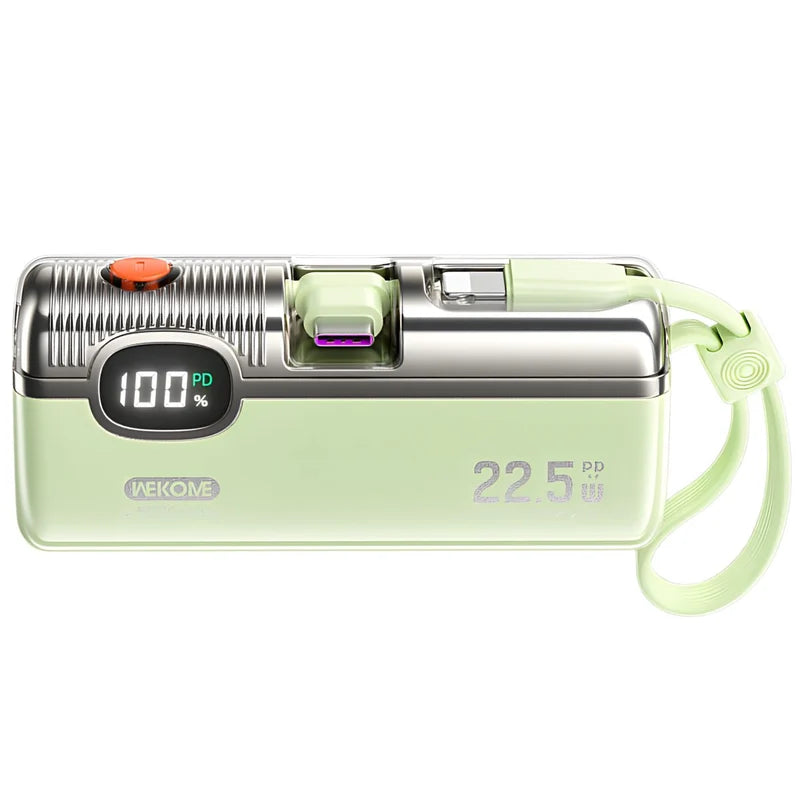 Power Bank 5000Mah 22.5W Con Pantalla Digital. Carga Rápida PD. Batería Portátil Con Cable Integrado Tipo C Y Lightning. Color Verde. UR046