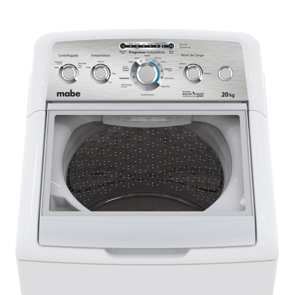Lavadora de Carga Superior Automática Mabe Aqua Saver Green LMA70214VBAB0 20 kg – 11 Programas, Sanitizado, Lavado Express, Blanca