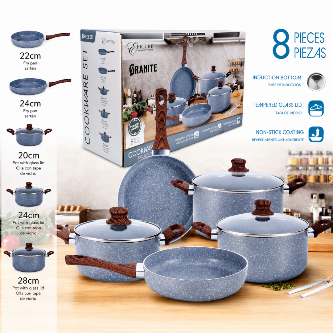 (LLEGANDO 3 DE JULIO) uego de Ollas y Sartenes de Aluminio Antiadherente 8 Piezas | Cocina de Inducción con Tapas de Vidrio EP-8PCS-043