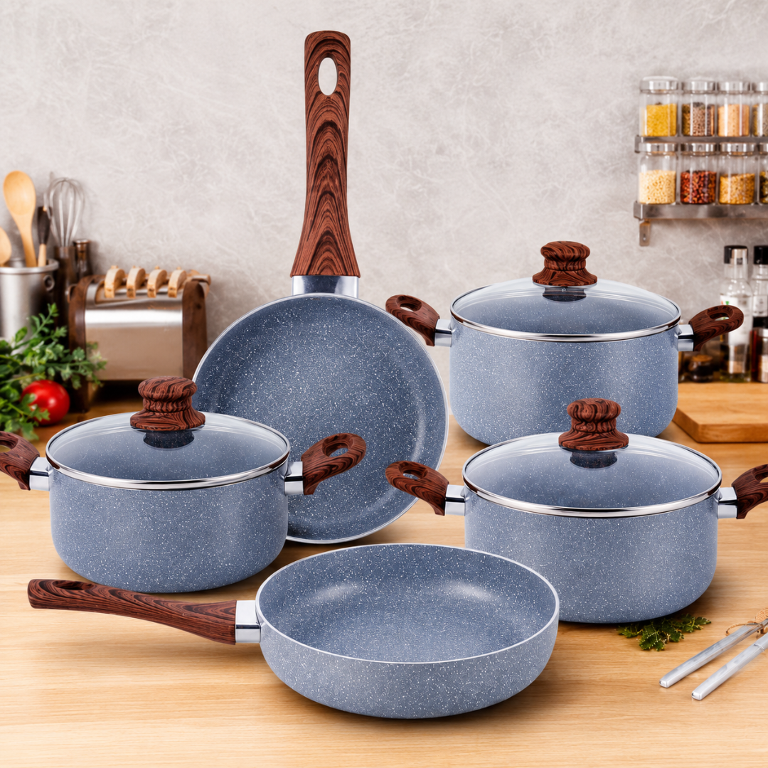 (LLEGANDO 3 DE JULIO) uego de Ollas y Sartenes de Aluminio Antiadherente 8 Piezas | Cocina de Inducción con Tapas de Vidrio EP-8PCS-043