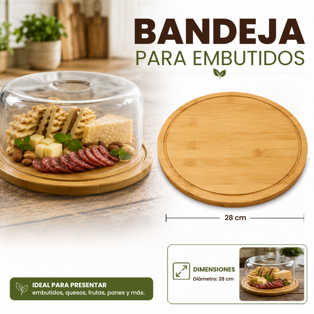 (LLEGANDO 3 DE JULIO) Bandeja para Embutidos de Bambú28 cm | Tabla para Quesos, Frutas y Aperitivos 89586-1 *NO INCLUYE TAPA*