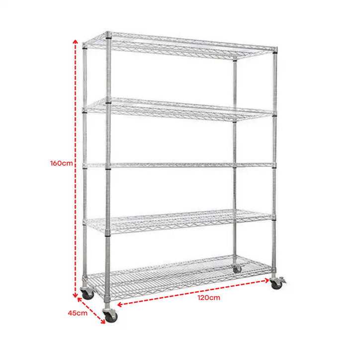 Rack Metálico Cromado de 5 Niveles 100kg con Ruedas & Frenos 160*120*45cm