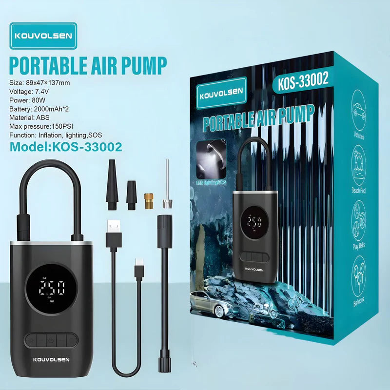 Inflador De Aire Portátil 150 PSI Inalámbrico Con Luz LED. Inflador De Llantas Digital Portátil 80W. KOS-33002