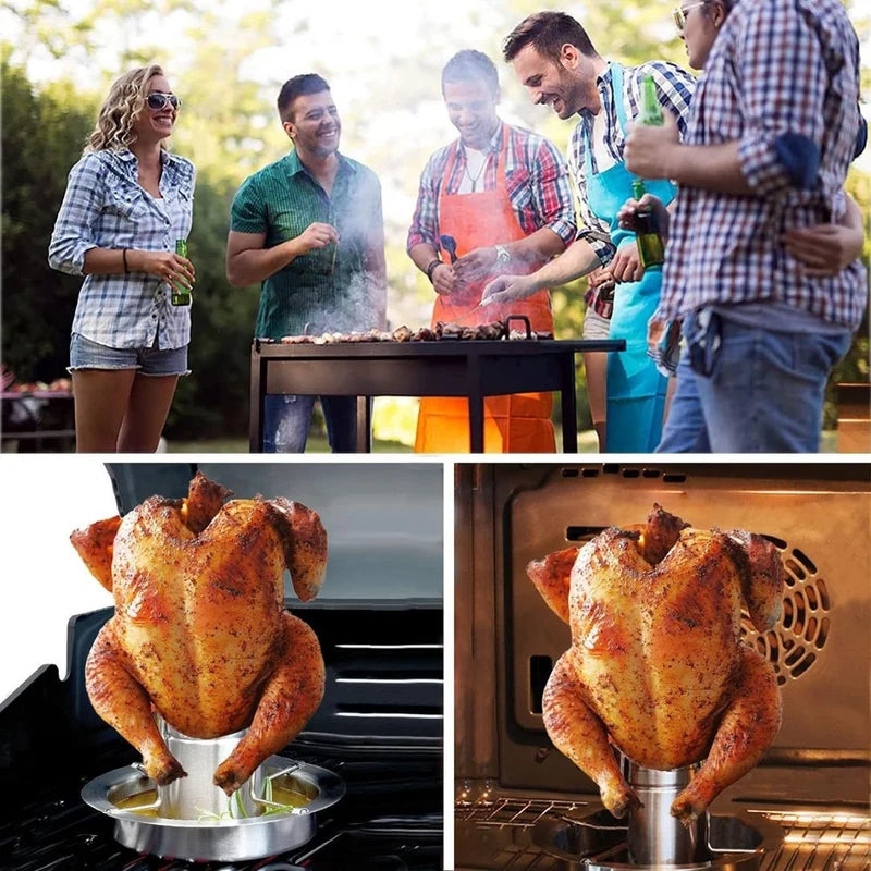Base Rostizador Asador De Pollo Al Barril Vertical Acero Inoxidable 7"X9" (18X23cm) Con Aromatizador Para Cerveza, Vino Y Especias. LT107