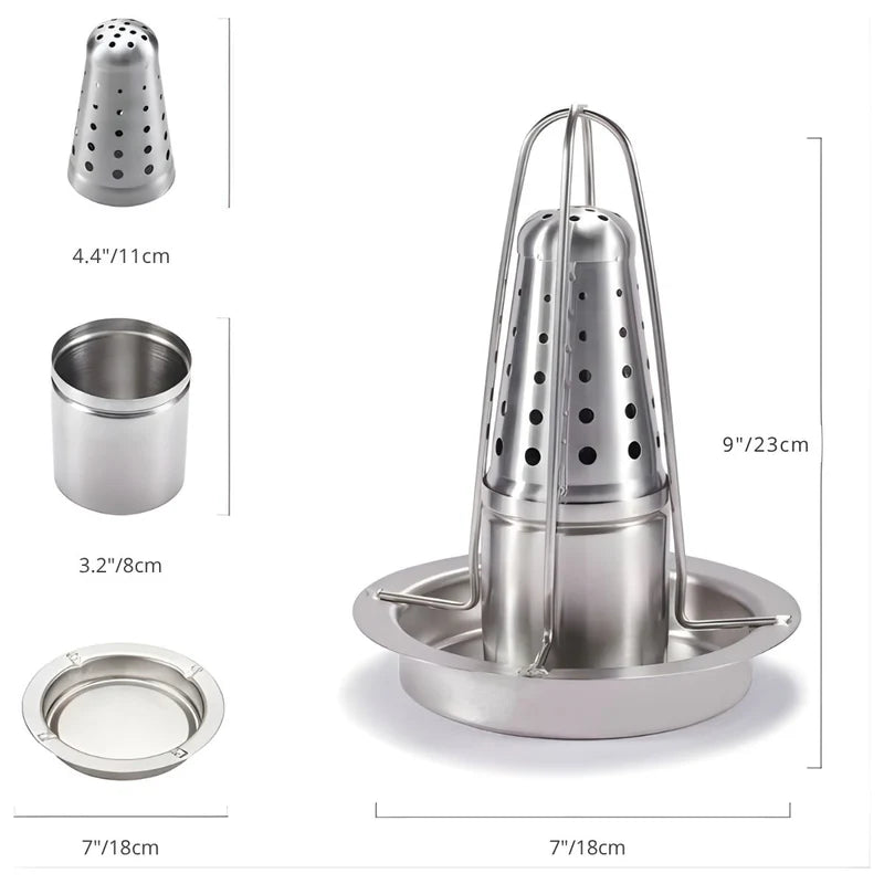 Base Rostizador Asador De Pollo Al Barril Vertical Acero Inoxidable 7"X9" (18X23cm) Con Aromatizador Para Cerveza, Vino Y Especias. LT107