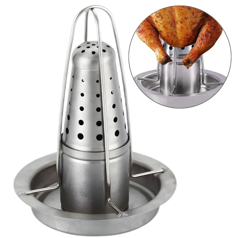 Base Rostizador Asador De Pollo Al Barril Vertical Acero Inoxidable 7"X9" (18X23cm) Con Aromatizador Para Cerveza, Vino Y Especias. LT107