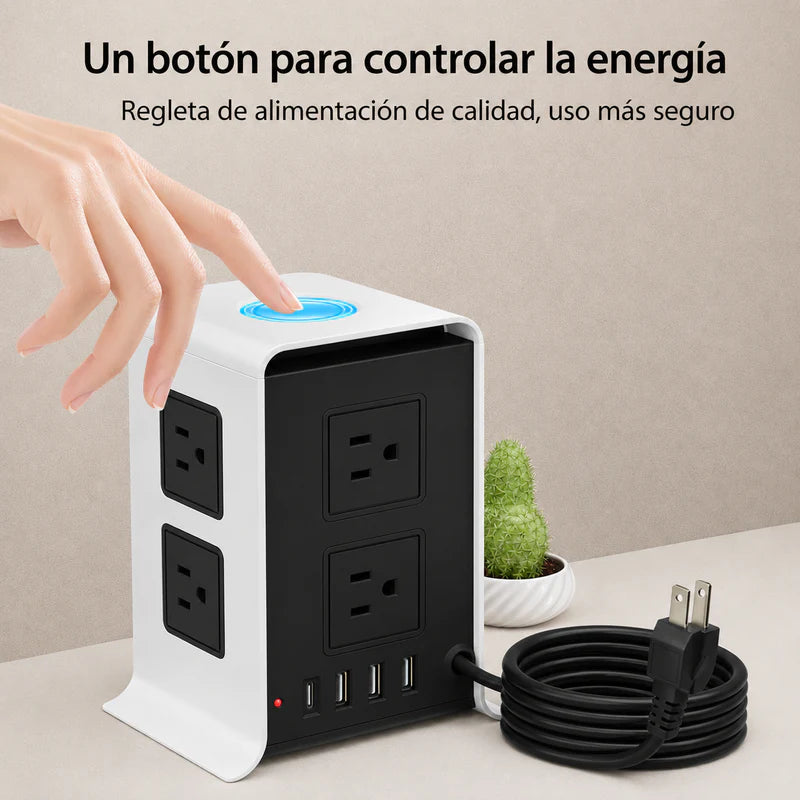 Regleta Torre De 8 Tomas AC, 3 USB, 1 Type-C. Toma Corriente 10A Con Interruptor Protección Sobrecarga 110V . Color Negro Con Blanco (16X12x9cm). LT896