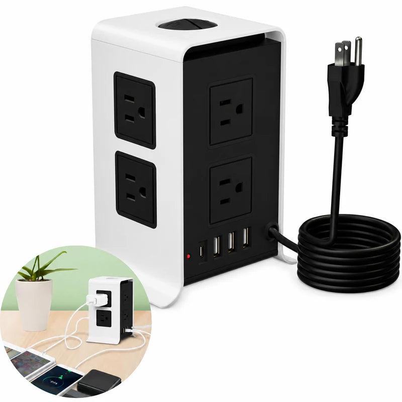 Regleta Torre De 8 Tomas AC, 3 USB, 1 Type-C. Toma Corriente 10A Con Interruptor Protección Sobrecarga 110V . Color Negro Con Blanco (16X12x9cm). LT896