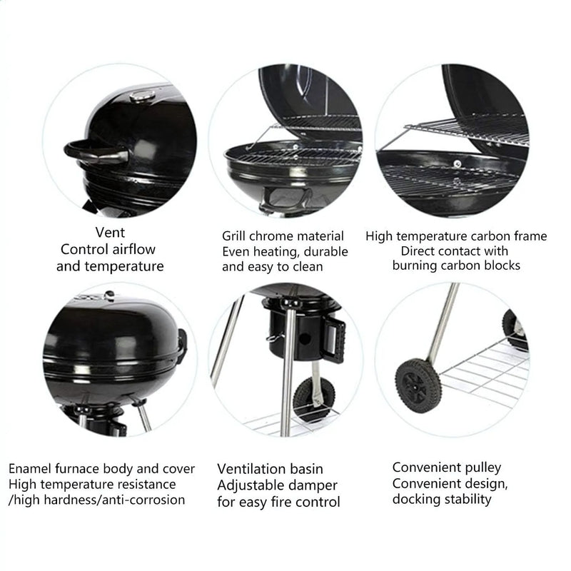 Parrilla De Carbón Redonda 22" 56X88 Cm Estilo Barbacoa Portátil De Hierro Con Termómetro Y Estante. Asador A Carbón  UN-A037