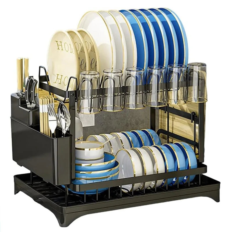 Escurridor Organizador De Platos 2 Niveles Para Fregador 42X28x32cm Color Negro. Estante Para Secar Platos Escurridor UN-A047