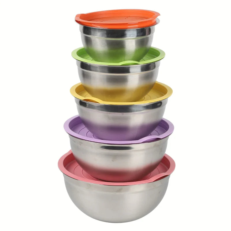 Tazones Bowl De Acero Inoxidable Con Tapa. Multifuncionales Colores Surtidos. (Set De 5Piezas) Tamaños 18-26Cm Bowl De Cocina. Base Antideslizante UN-A077
