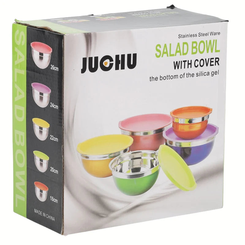 Tazones Bowl De Acero Inoxidable Con Tapa. Multifuncionales Colores Surtidos. (Set De 5Piezas) Tamaños 18-26Cm Bowl De Cocina. Base Antideslizante UN-A077