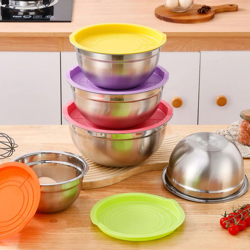 Tazones Bowl De Acero Inoxidable Con Tapa. Multifuncionales Colores Surtidos. (Set De 5Piezas) Tamaños 18-26Cm Bowl De Cocina. Base Antideslizante UN-A077