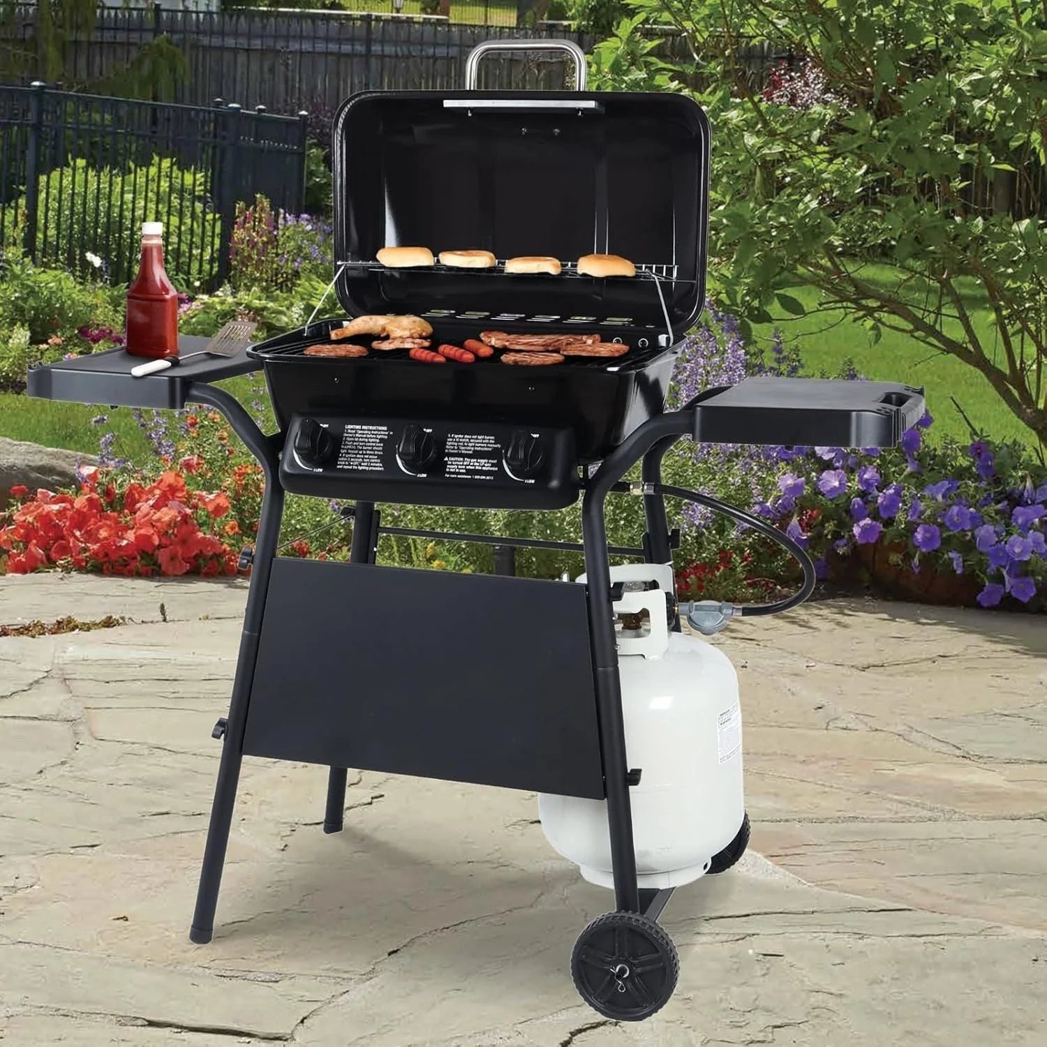 Parrillera BBQ A Gas Con 3 Quemadores Y Estantes Laterales. Encendido Rápido Acero Inoxidable. Medidas: 71X46x43cm Asador. Asadores. UN-A139