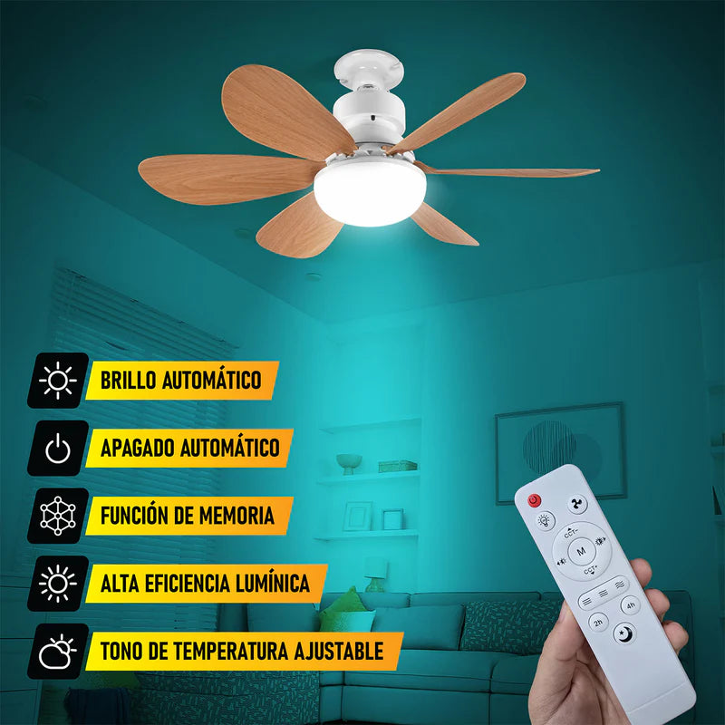 Abanico De Techo 20" Aspas Madera Socket E27 Con Luz Led Tono Ajustable 3000/4000/6500K, 1900 Lumens 6 Aspas 3 CCT 520X185mm ELT0500