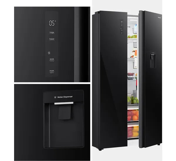 Refrigeradora Side By Side 19p3 Inverter con Dispensador de Agua de Vidrio Negro Hisense RS3P558NM1B