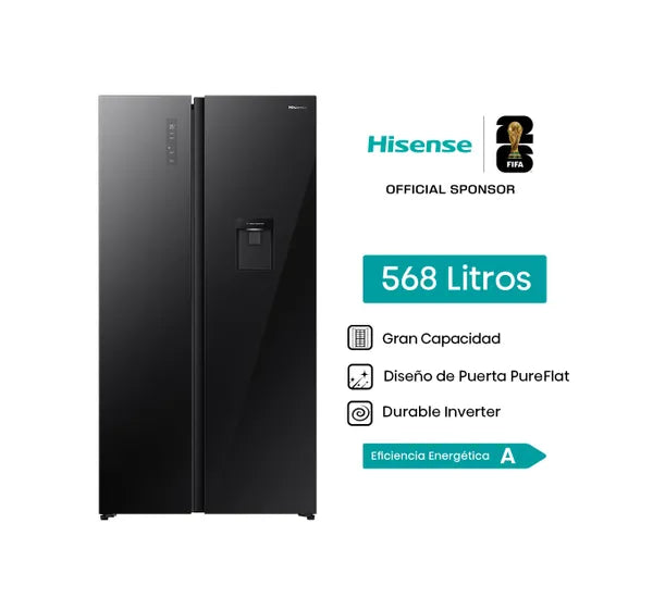 Refrigeradora Side By Side 19p3 Inverter con Dispensador de Agua de Vidrio Negro Hisense RS3P558NM1B