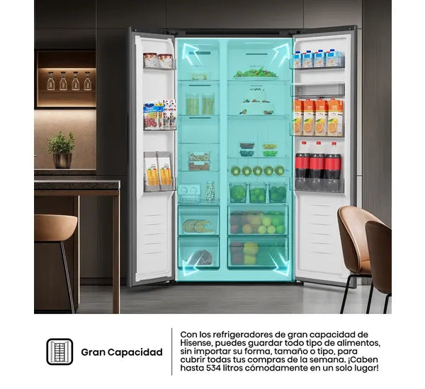 Refrigeradora Side By Side 19p3 Inverter con Dispensador de Agua de Vidrio Negro Hisense RS3P558NM1B