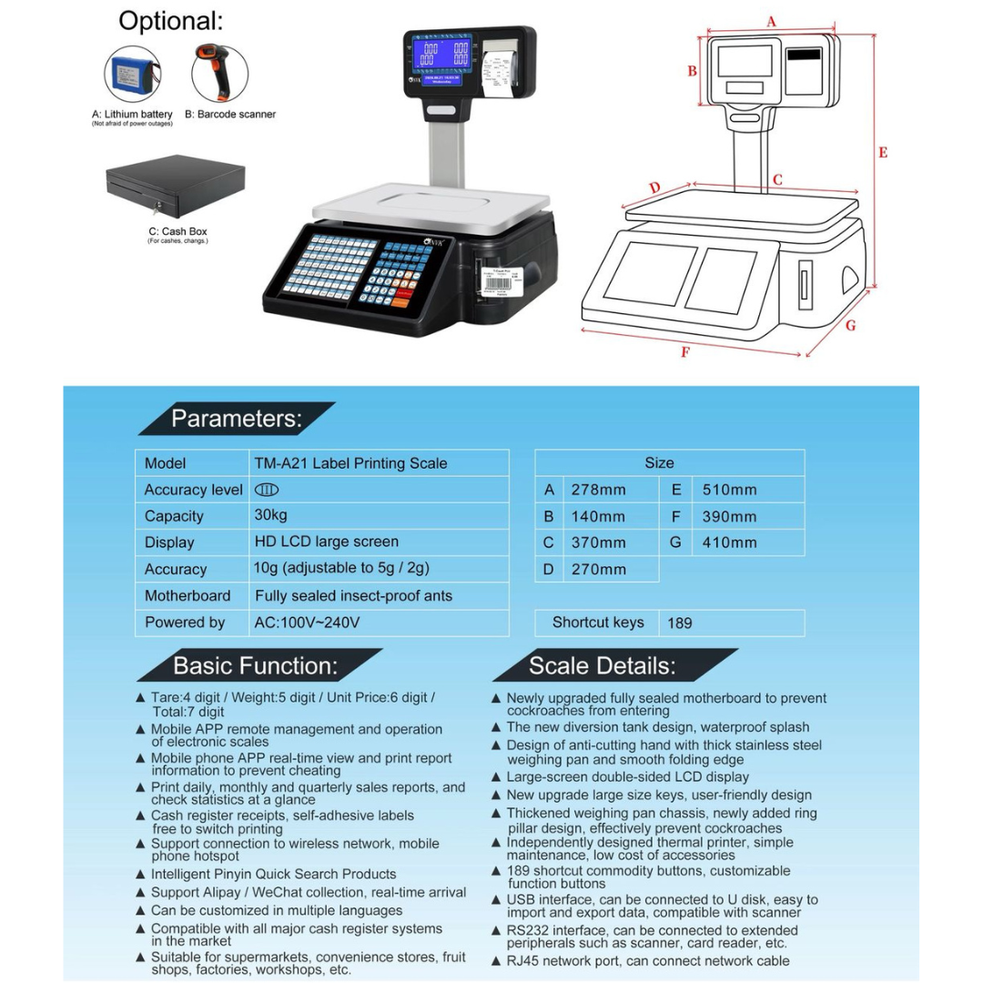 Balanza Digital de 30kg con Impresión de Código de Barra y Recibo Con WIFI TM-A21 Báscula. Pesa.