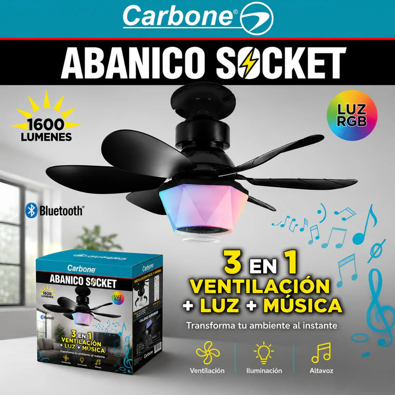 Abanico De Techo 20” Con Socket E27, Luz LED RGB Y 3 Tonos, Bocina Bluetooth. Ventilador Con 6 Aspas, 1600 Lúmenes Y Control Remoto. Color Negro. ELT0405