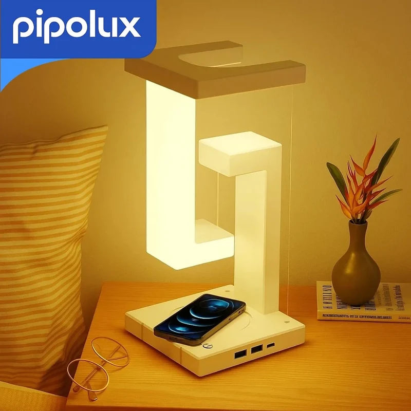 Lámpara Flotante LED Con Cargador Inalámbrico Para Celular De 10W. Luz Decorativa De 3800K Y USB DC 5V,Batería 1200Mah (12X26 Cm)  PI-HL256TD006-WH