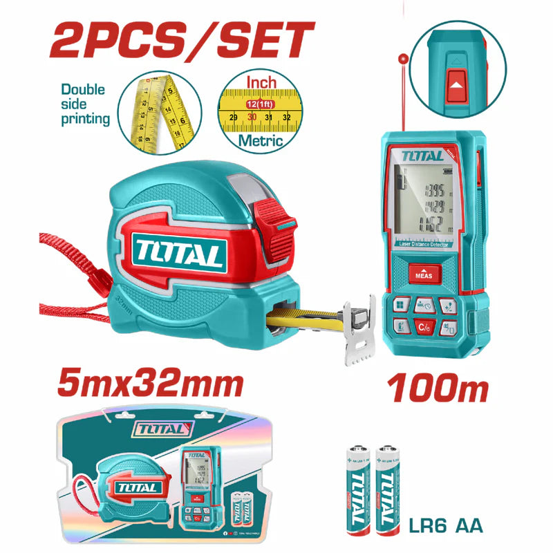 Combo Total Detector Láser De Distancia 0,05 – 100M ±2,0 Mm Y Cinta Métrica 5Mx32mm Gancho Doble Con Imán .POCAS UNIDADES TOS250902