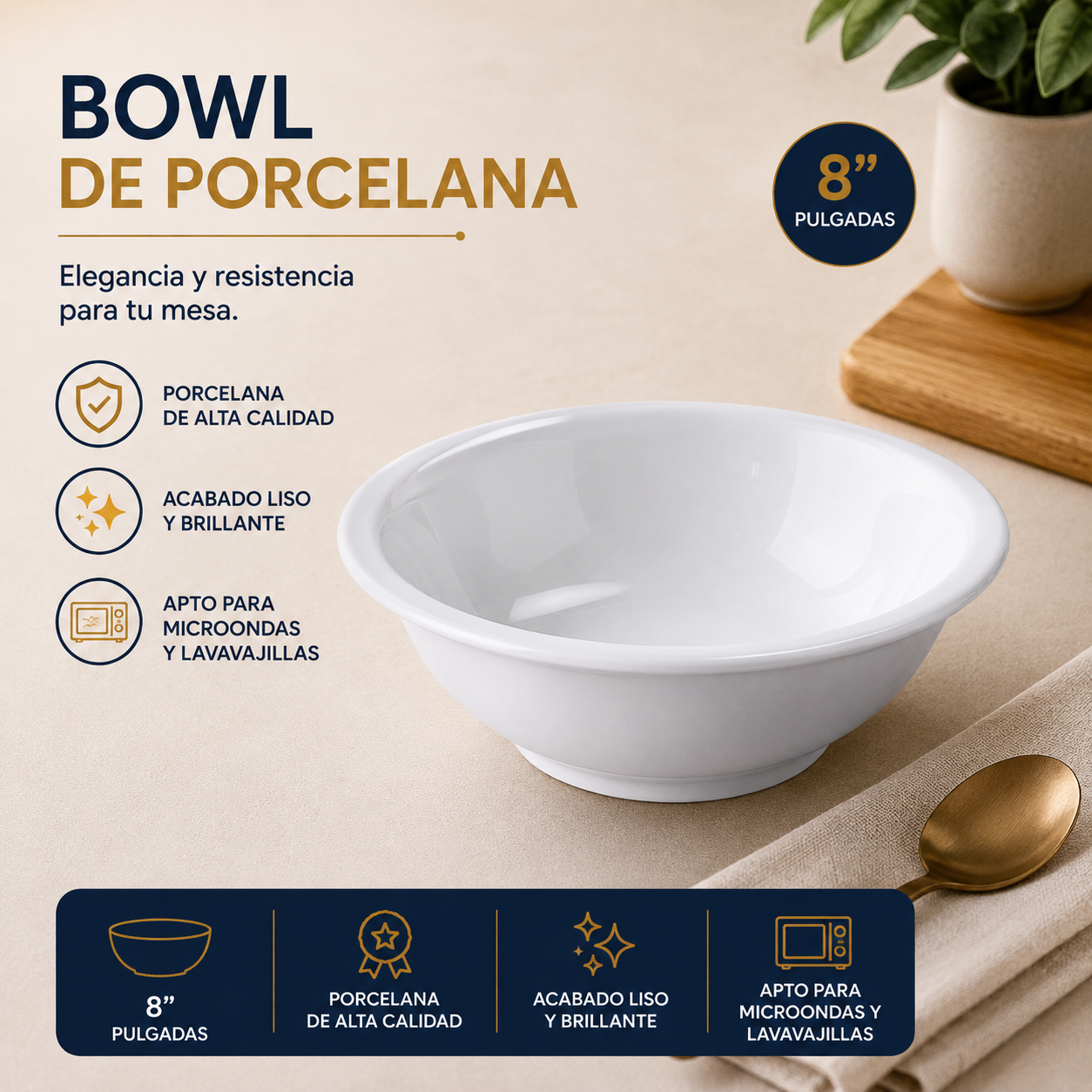 Bowl Plato Hondo Sopero de Porcelana 8" – Calidad Hotelera y para Restaurante – 705-1444822