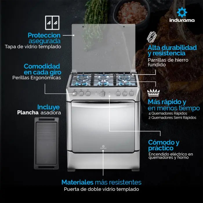 Estufa con Horno a Gas Indurama Parma Zafiro 30” 6 Quemadores – Croma