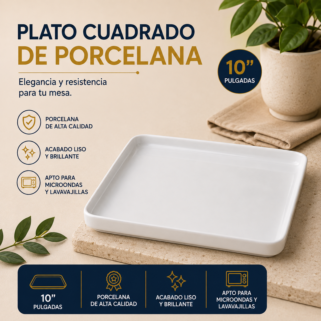 Plato Cuadrado de Porcelana 10" – Calidad Hotelera y para Restaurante – 705-40093