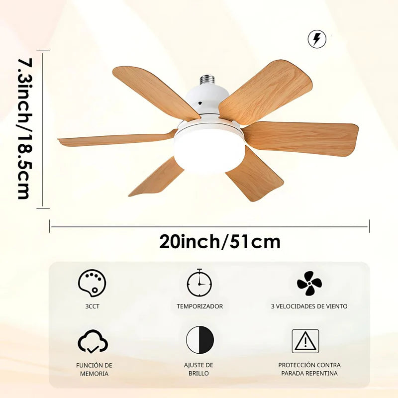 Abanico De Techo 20" Socket E27 Con Luz LED 3 Tonos 3000/4000/6500K, 1900 Lúmenes, 6 Aspas, 3 Velocidades, 520X185mm. Color Madera. AB1505