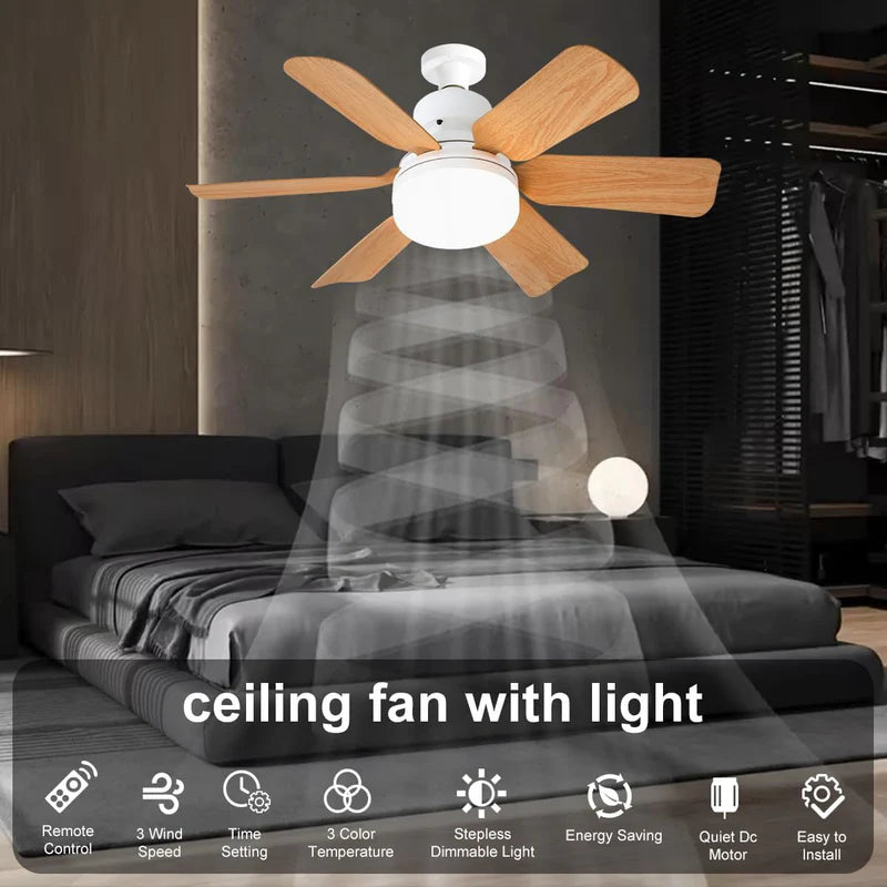Abanico De Techo 20" Socket E27 Con Luz LED 3 Tonos 3000/4000/6500K, 1900 Lúmenes, 6 Aspas, 3 Velocidades, 520X185mm. Color Madera. AB1505