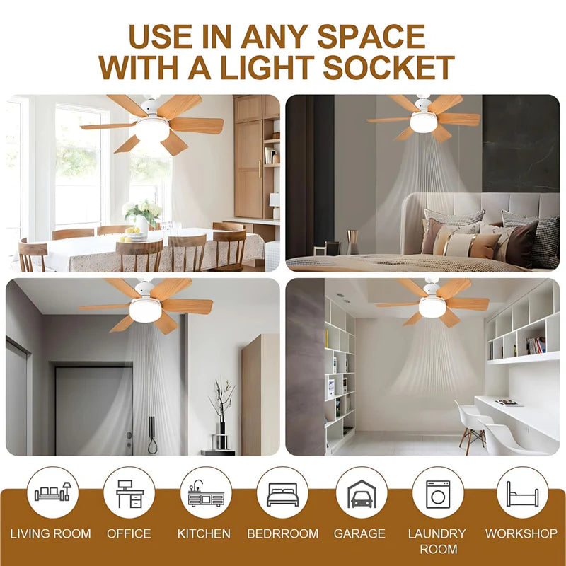 Abanico De Techo 20" Socket E27 Con Luz LED 3 Tonos 3000/4000/6500K, 1900 Lúmenes, 6 Aspas, 3 Velocidades, 520X185mm. Color Madera. AB1505