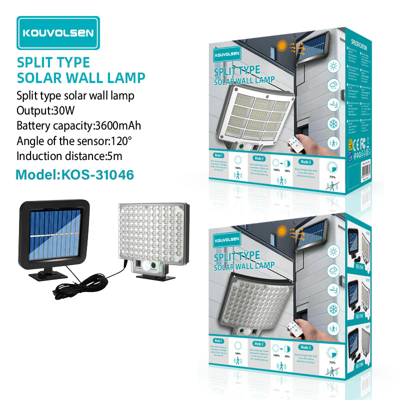 Lámpara Solar LED De Pared Split Con Panel Solar Separado. Luz Exterior De 30W Con Sensor De Movimiento. 104 Leds. 3 Modos De Iluminación. KOS-31046
