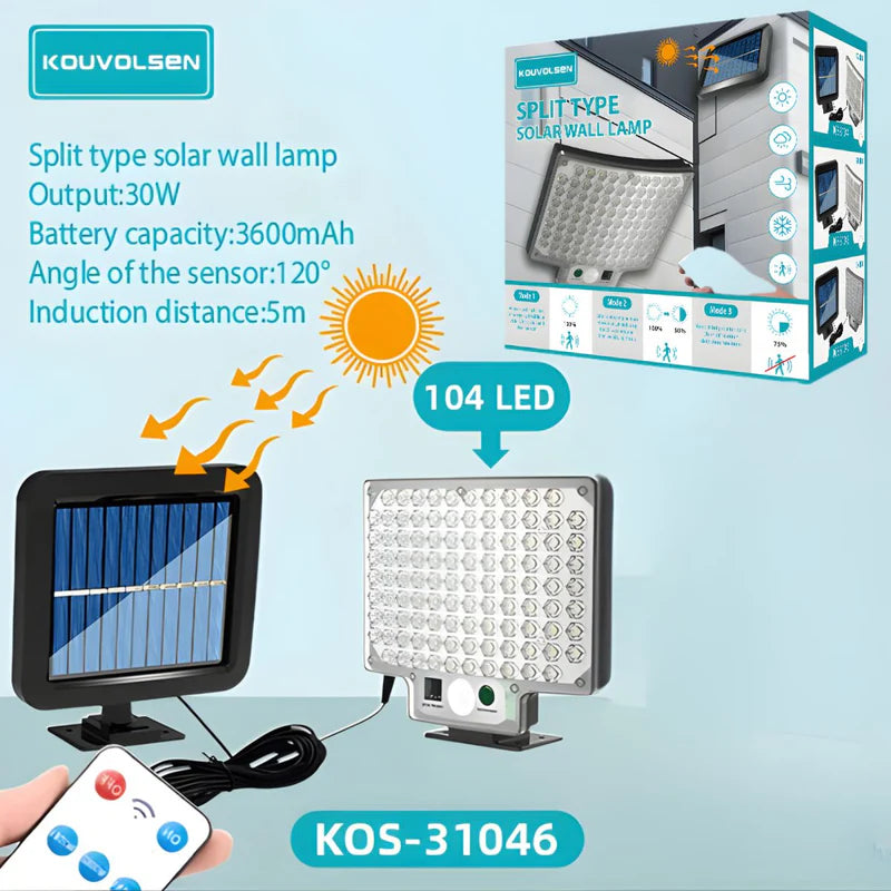 Lámpara Solar LED De Pared Split Con Panel Solar Separado. Luz Exterior De 30W Con Sensor De Movimiento. 104 Leds. 3 Modos De Iluminación. KOS-31046
