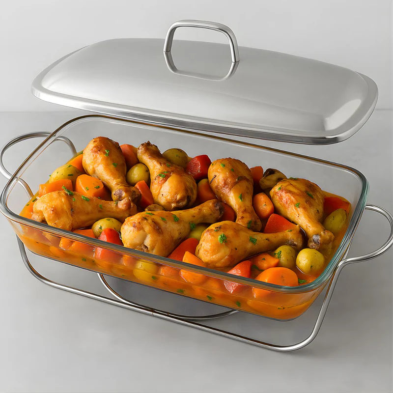 Bandeja De Comida Para Buffet. Chafing Dish De Vidrio 3.6L Con Soporte. Bandeja Rectangular Para Catering (38.5×23.5×6Cm). LT039