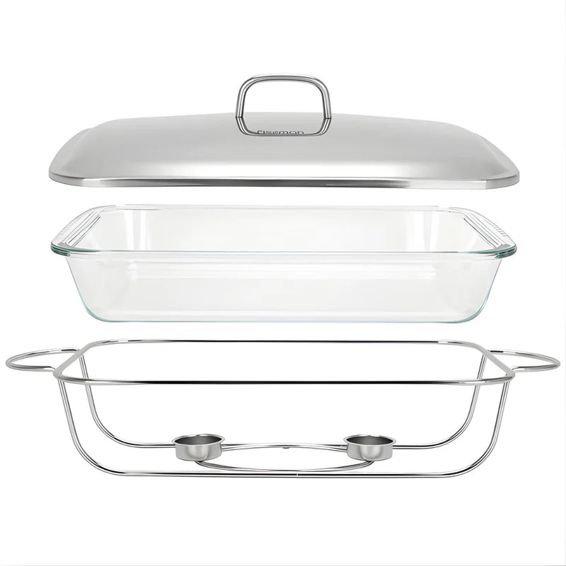 Bandeja De Comida Para Buffet. Chafing Dish De Vidrio 3.6L Con Soporte. Bandeja Rectangular Para Catering (38.5×23.5×6Cm). LT039