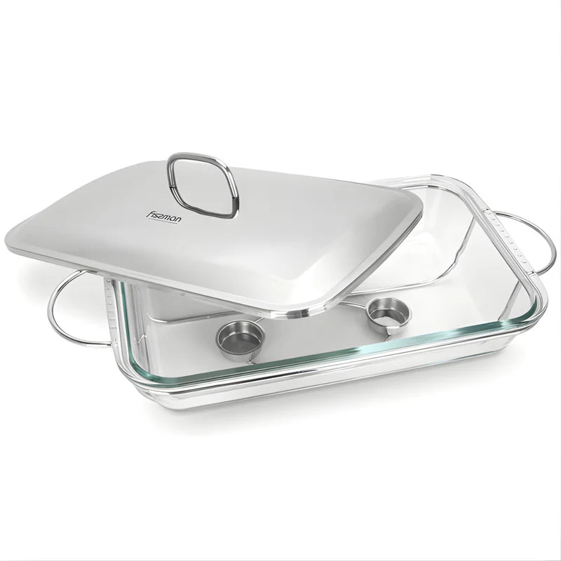 Bandeja De Comida Para Buffet. Chafing Dish De Vidrio 3.6L Con Soporte. Bandeja Rectangular Para Catering (38.5×23.5×6Cm). LT039
