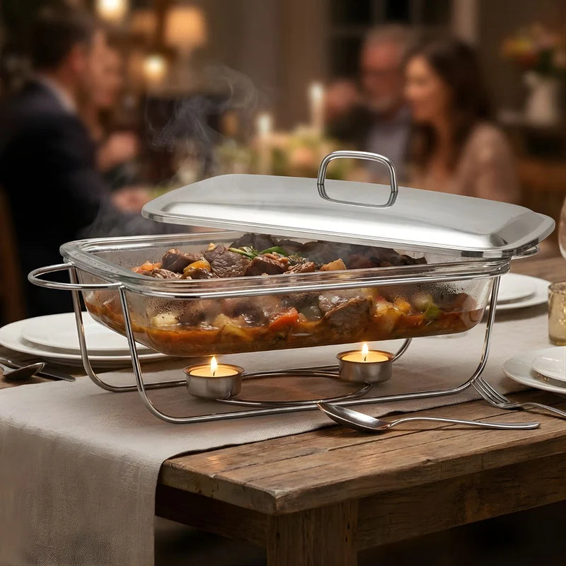 Bandeja De Comida Para Buffet. Chafing Dish De Vidrio 3.6L Con Soporte. Bandeja Rectangular Para Catering (38.5×23.5×6Cm). LT039