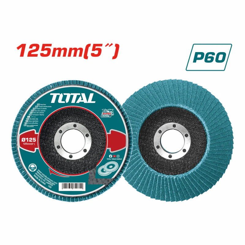 Disco Flap De Óxido De Circonio P60 5''X7/8'' Ideal Para Acero Inoxidable, Aprobado Por AMP. Flapdisc De Circonio. Disco Desbaste. Total TAC641252