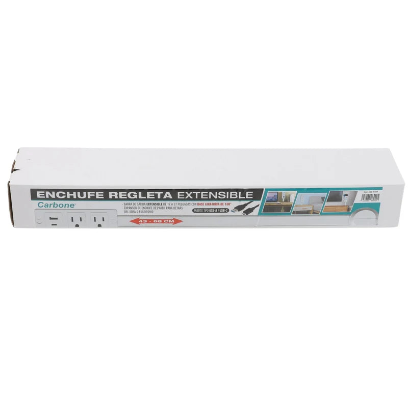 Enchufe Regleta Extensible De 43 A 68 Cm. Con Puerto USB Y Tipo-C. UN-A194