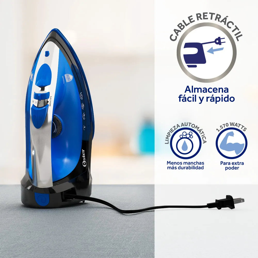 (LLEGANDO 1 DE SEPT) Plancha de Vapor Azul Oster GCSTBSRC2020 1570W – Suela de Cerámica, Cable Retráctil y Vapor Vertical