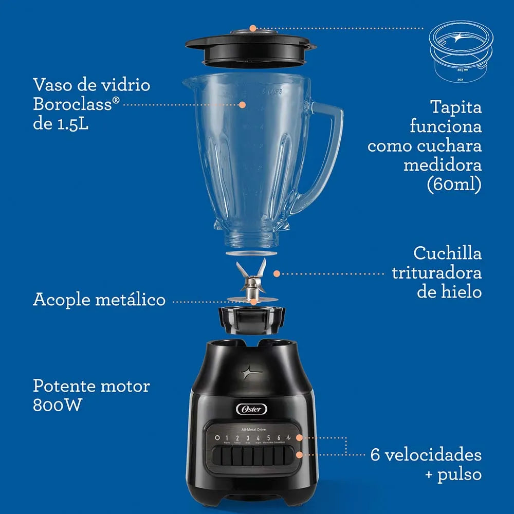 (LLEGANDO 27 DE JULIO) Licuadora Oster® con Vaso de Vidrio 1.25 L, 6 Velocidades + Pulso – BLSTPEG-BPB | 800W de Potencia Máxima